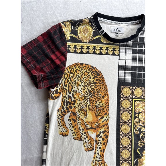 Rise As 1ne RS1NE T Shirt Mens M Multicolor Casual Gold Plaid Leopard Print - Picture 4 of 14